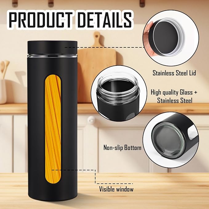 Patelai 6 Pack Kitchen Canisters Set Airtight Stainless Steel Canister Food Storage Container with Window Glass, Coffee Sugar Candy Jars Tea Organizer for Flour Cookies Spice (Black,60 oz)