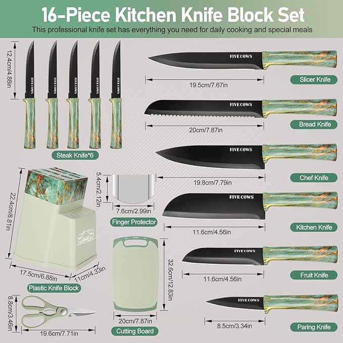 16-Piece Kitchen Knife Block Set with Cutting Board - German Stainless Steel Knives, Built-In Sharpener, Dishwasher Safe, Anti-Slip Handle - All-in-One Cutlery Set for Home/Kitchen (Cyan)