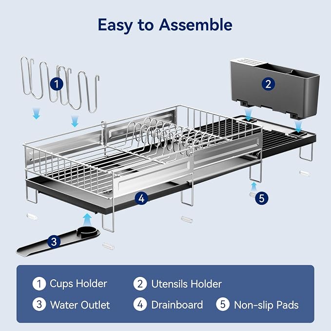 Stainless Steel Dish Drying Rack - Expandable Dish Racks for Kitchen Counter Organizer with Drain Board, Detachable Utensil & Cup Holder, Dish Drainer for Small Kitchen Counter, Black