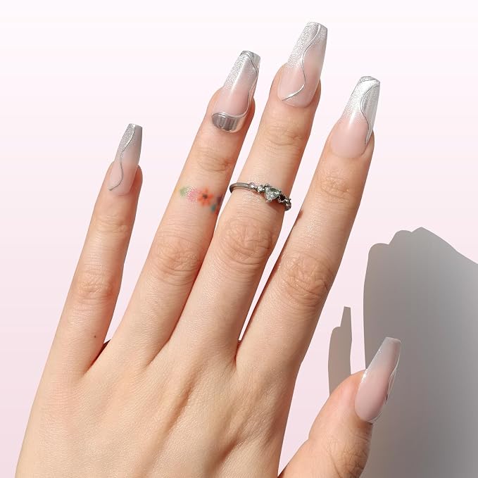 Nail Reformation Press On Nails, Shooting Star Pink Long Coffin Fake Nails | with 3D Metallic in a Glitter Finish, Reusable Stick On Nails in 15 Sizes - 30 False Nail Kit with Glue, Gifts for Women