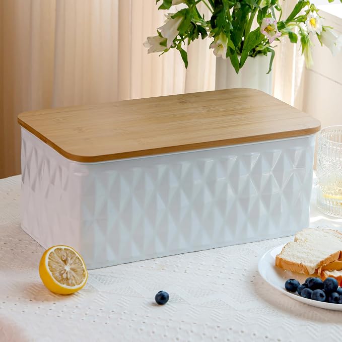 Large White Diamond Embossed Bread Box with Bamboo Lid | Corner Breadbox for Homemade Bread, Metal Bread Storage Container Bin for Kitchen Countertop