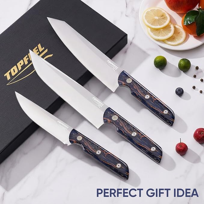 Topfeel 3-Piece Kitchen Knife Set, 5Cr15MoV High Carbon Stainless Steel | Includes 8-inch chef and Kiritsuke knives plus 5-inch utility knife with full-tang acrylic handles and gift box