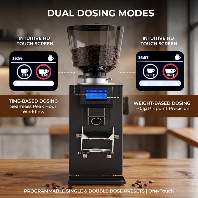 Grind by Weight Commercial Coffee Grinder, 64mm Flat Burr | Touchscreen, ±0.1g precision, dual dosing modes, 14 grind settings, 350w motor, fits portafilters, easy clean, for cafe use