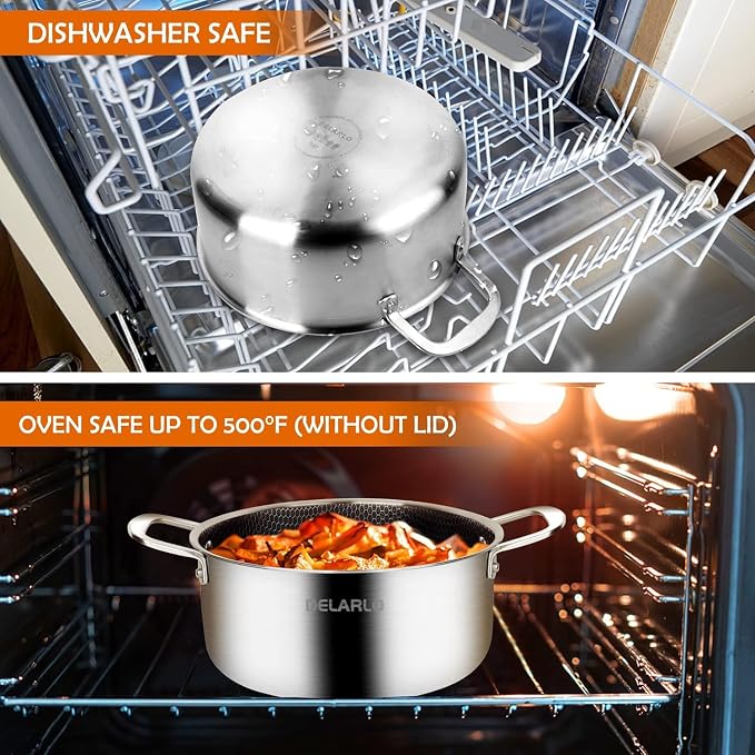 DELARLO Tri-Ply Non Stick 5 Quart Stainless Steel Stock Pot Heavy Duty | Induction Ready, Cooking Pots with Lids, Stockpot 600℉ Oven Safe, Food Grade Cookware, Soup Pot