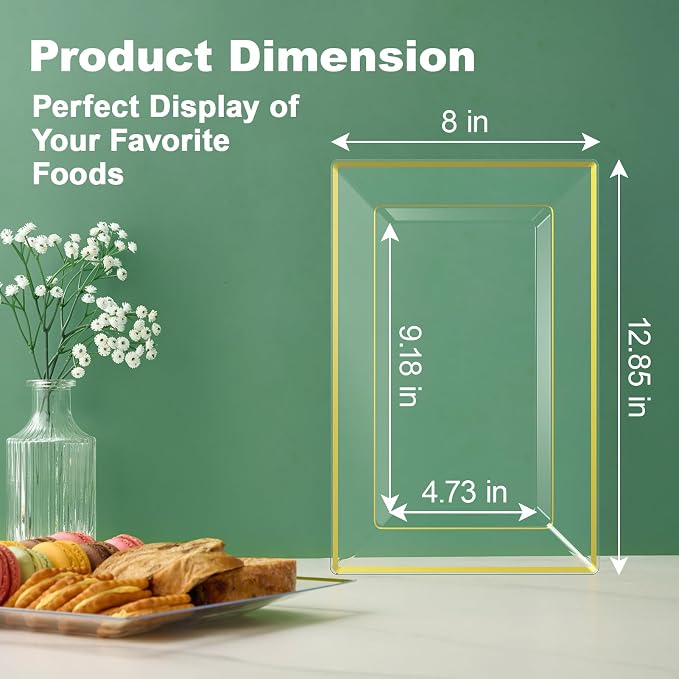 FOCUSLINE 8 PCS Plastic Serving Trays for Party, Clear Gold Rim Platters | Durable Construction, Elegant Appearance, Disposable and Reusable, Ideal for Parties, Weddings, Catering, Desserts