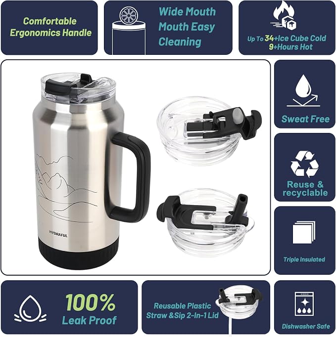 Hydraful 64 oz Tumbler with Handle and Straw - 100% Leak-Proof - Insulated Cup Reusable Stainless Steel Large Water Bottle Travel Mug for Gym, Hiking, and Camping - Gifts for Women Men Him Her