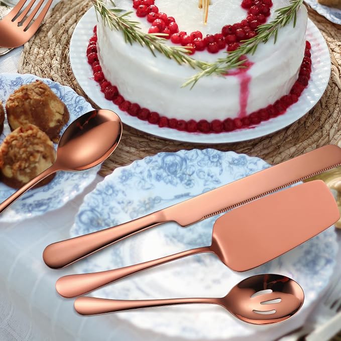 Copper Utensils Serving Set Rose Gold Stainless Steel Flatware Cake Knife Sever Fork Large Spoon Spatula Catering Silverware Complete 7 Pieces for Home Party Buffet
