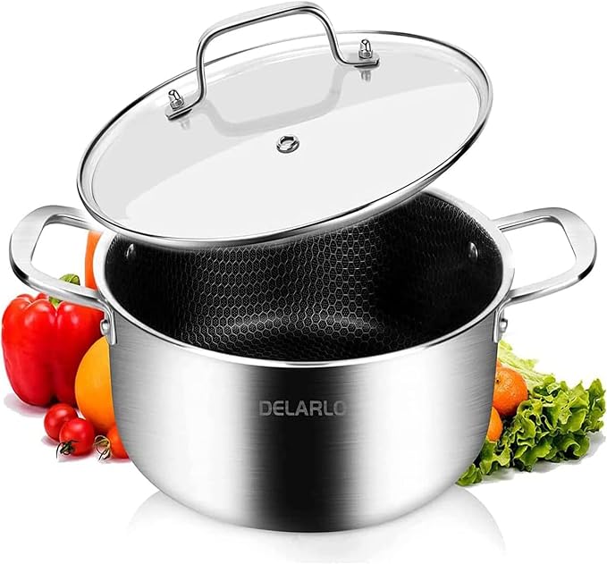 DELARLO Tri-Ply Non Stick 5 Quart Stainless Steel Stock Pot Heavy Duty | Induction Ready, Cooking Pots with Lids, Stockpot 600℉ Oven Safe, Food Grade Cookware, Soup Pot