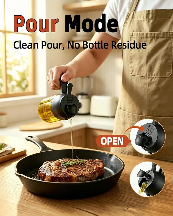 16oz/470ml Oil Sprayer for Cooking, 2 in 1 Oil Dispenser for Kitchen, Olive Oil Sprayer, Food Grade Glass Bottle for Kitchen Gadgets, Air Fryer Accessories, Salad, BBQ (Black)