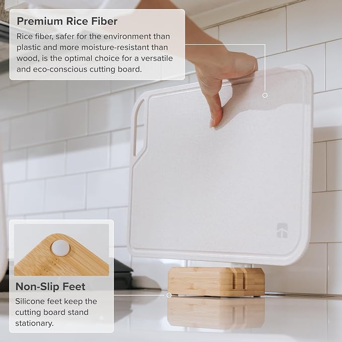 Rice Fiber Cutting Board Set with Stand, 2-Piece, Bamboo | Juice grooves, handles, 13.5x9.5in and 15.5x11in boards, cooking prep