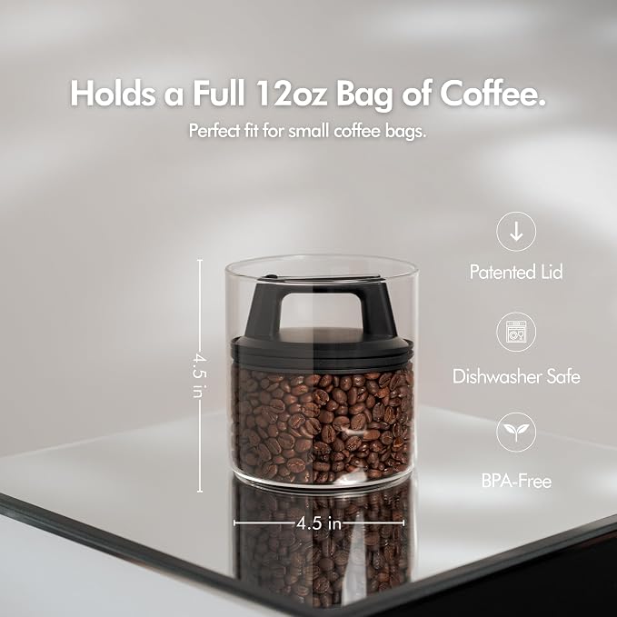 KIVY Vacuum Coffee Canister (Glass) - Push Lid Preserves Coffee Aroma & Oil - Stainless Steel Airtight Coffee Canister - Coffee Container for Ground Coffee & Coffee Bean Storage - Removes Excess Air
