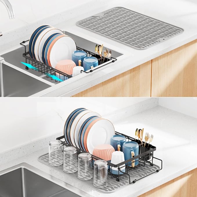 Expandable Dish Drying Rack with Silicone Mat for Kitchen Sink or Counter, Heavy Duty Adjustable Over Sink Dish Drainer with Square Corners, Fit for Modern Single & Double Sinks, Black