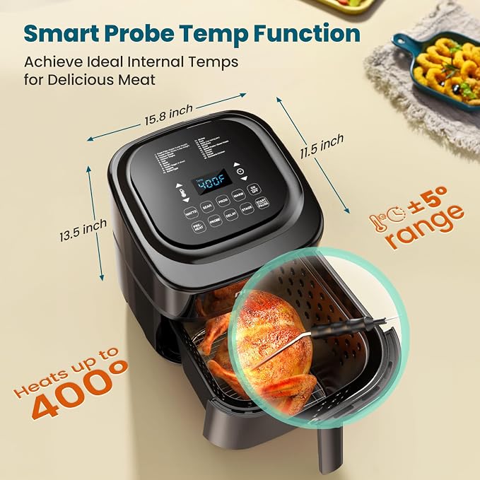 Nuwave Brio 10-in-1 Air Fryer, 6 QT Capacity with Smart Probe | Roast Grill Bake for Fast Meals, One-Touch Digital Controls, Powerful 1800W Fryer, 100 Recipes, Removable Divider, Grill Pan