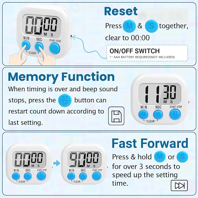 12 Pack Multi-Function Digital Timers, Magnetic Large LCD Display Loud Alarm Countdown Timers, Extensively Use in Classroom, Break Time, Gym, Meeting, Cooking
