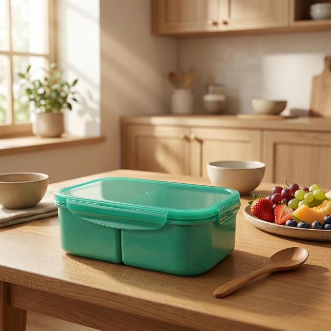 MISS BIG® Large Bento Lunch Box for Adults, 1900ml, 3 Compartments, Green | Green 1900ml large lunch box for adults, office meals, meal prep, work lunch, picnic, and travel.