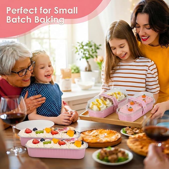 YQER 25 Pack Mini Cake Pans with Lids and Spoons, 6.8 oz Pink Disposable Aluminum Foil Mini Loaf Pans with Stickers, Individual Small Dessert Cake Tins Containers for Small Batch Baking, Parties Treat