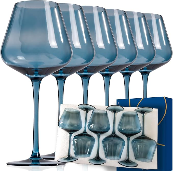 Blue Wine Glass Set of 6-18oz Lead-Free Crystal Burgundy Wine Glasses, Glassware for Parties& Special Occasions