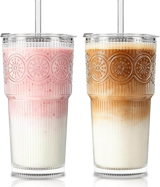 SoulTimes 20oz Ribbed & Floral Glass Tumbler with Lid and Straw – Iced Coffee Glasses Cups for Smoothie, Matcha, Juice, Water etc. Leakproof and Reusable Glassware Drinking for Travel To Go [2Pcs]