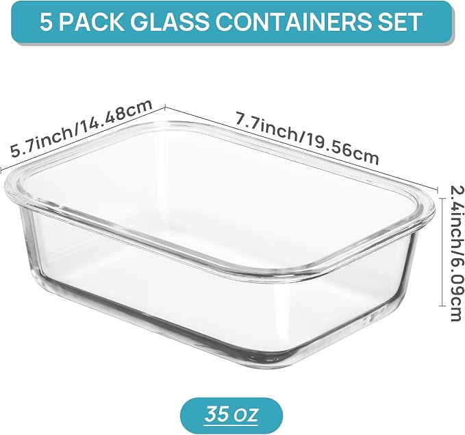 Vtopmart 5 Pack 35oz Glass Food Storage Containers with Lids, Pink | Meal Prep Containers, Airtight Reusable Lunch Container Set, Safe for Oven, Microwave, Freezer, and Dishwasher, BPA Free