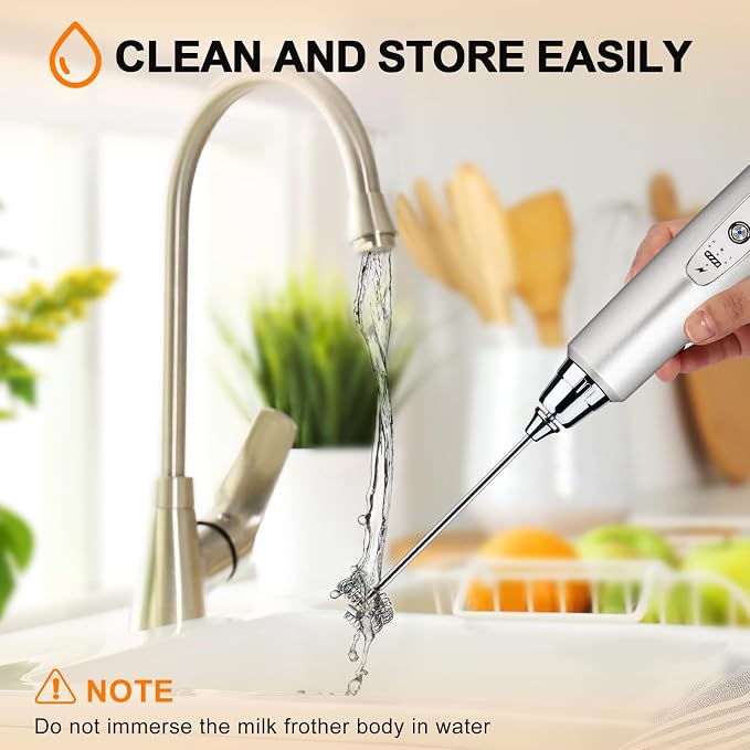 YUSWKO Handheld Milk Frother Wand for Coffee, Rechargeable Electric Whisk with 3 Heads 3 Speeds Drink Mixer Coffee Frother For Latte, Cappuccino, Hot Chocolate, Egg, Silver with Holder
