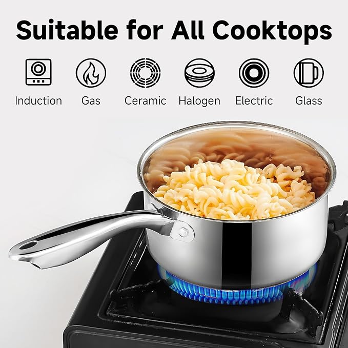 SLOTTET 1Qt & 2Qt Stainless Steel Sauce Pan Set with Lid,4 Pcs Non Stick Saucepan,Small Kitchen Pots,Induction Compatible,PFOA FREE