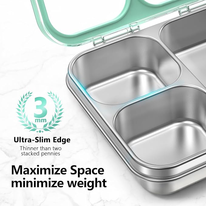 HOMEKOL Stainless Steel Bento Lunch Box 3-Compartment, 4.2Cups, Green | Leak-Proof Metal Lunch Container for Kids & Adults, BPA-Free, Dishwasher Safe, Clear Tritan Lid, 1000ml (Not Insulated)