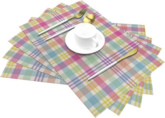 Spring Plaid Placemats Set of 4, Easter Colorful Buffalo Plaid Decorative Table Mat 12 x 18 Inch Heat Resistant Non Slip Line Fabric Place mat for Holiday Party Kitchen Dining Decor