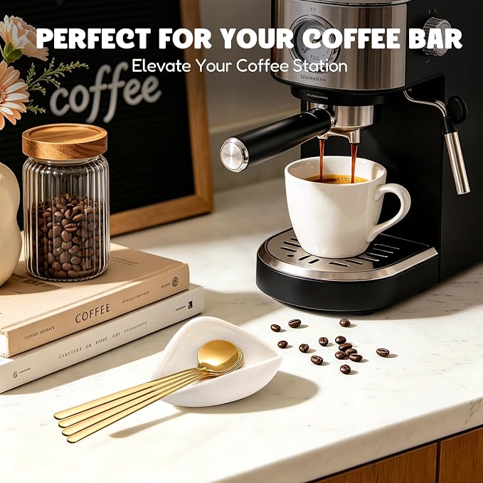 Coffee Bar Accessories: Espresso Accessories - Coffee Stirrers for Hot Cocoa Bar Supplies - Set of 4 Gold Decor Coffee Spoons with 1 Ceramic Spoon Rest - Ideal CoffeeLover Gifts