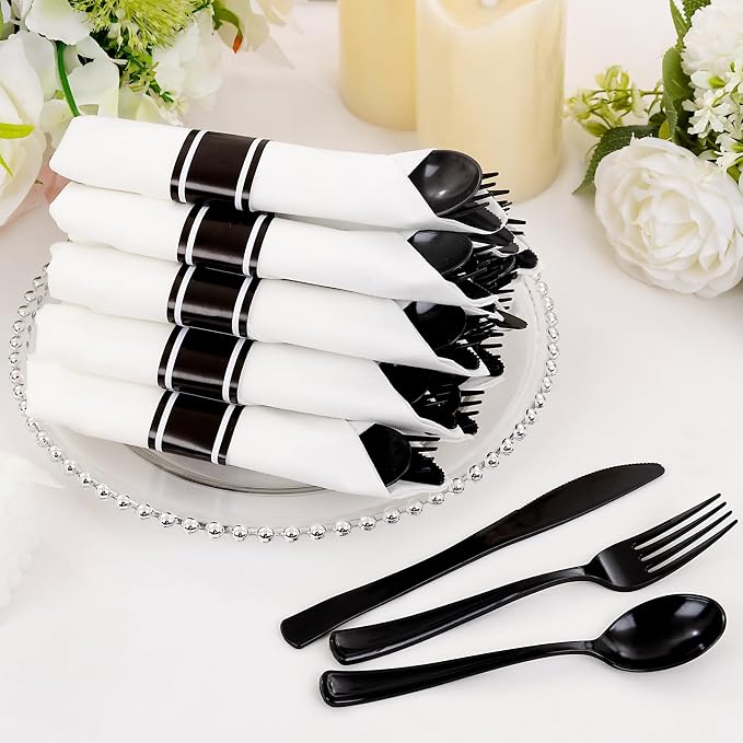 120pack Pre Rolled Black Plastic Silverware Set Disposable | Heavy Duty Disposable Wrapped Black Plastic Cutlery Utensils Set for Catering, Parties, Wedding, Birthday& Special Events