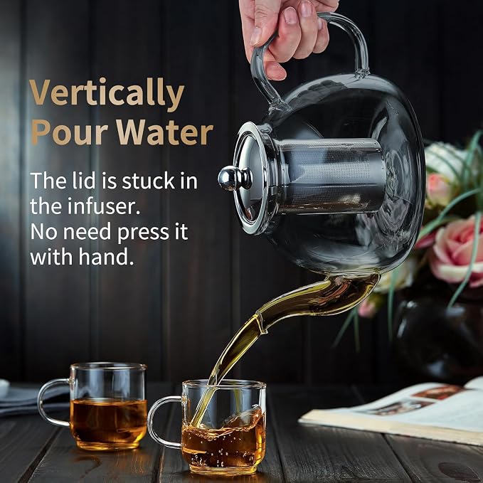 DOPUDO 40OZ (1200ML) Glass Teapot with Infuser Stovetop Safe, Clear Glass Tea Pot Kettle, Borosilicate Tea Pot with Infusers Filter for Loose Tea, Tea Kettle Dishwasher Safe (Black)