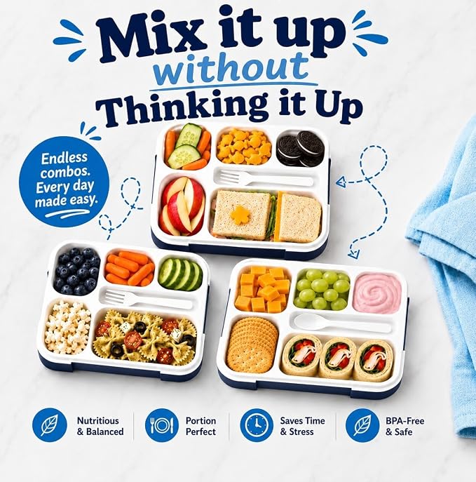 kinsho Bento Lunch-Box Set for Kids Includes Snack Container | 6 and 3 Compartment Boxes Leakproof School Bentos, Meal Portion Control Containers, Boys Girls Adults, Navy Blue Large + MINI 2 Pack Set
