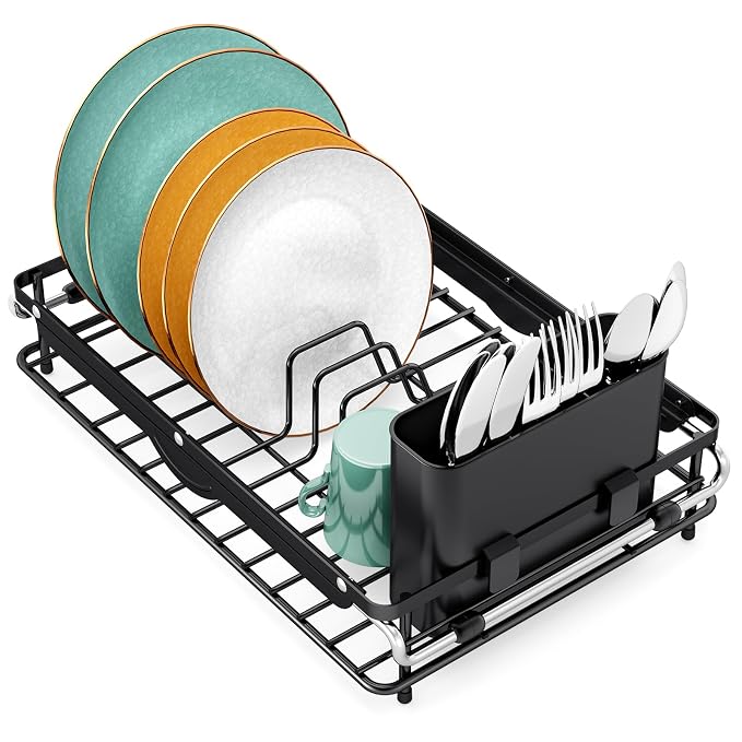 TOOLF Sink Small Dish Drying Rack with Utensil Holder for RV, Apartment | Over Sink Expandable Stainless Steel Dish Drainers for Compact Kitchen, Space Saving, Fast Drain, Rustproof, For 1-2 people