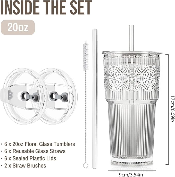 SoulTimes 20oz Ribbed & Floral Glass Tumbler with Lid and Straw – Iced Coffee Glasses Cups for Smoothie, Matcha, Juice, Water etc. Leakproof and Reusable Glassware Drinking for Travel To Go [6Pcs]