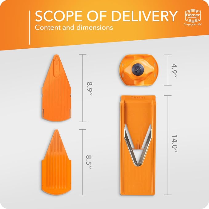 Mandoline Food Slicer Börner V3 (Basic Set) by Reston Lloyd • V-Slicer with Food Holder • Made in Germany • Fruit & Vegetable Chopper • Multiple Settings • Color: Orange