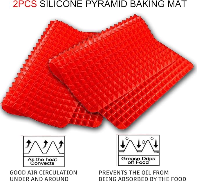 Silicone Baking Mat Pyramid Sheets Cooking Pan 16"x11" 2 Pack-Red | Best Healthy Fat Reducing Nonstick Cooking Mat for Baking Mat with Grid for Oven Grilling BBQ, Baking and Roasting