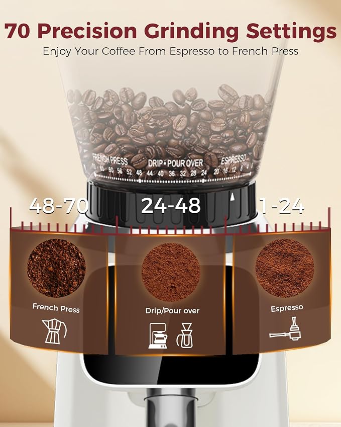 Tuni G2 Conical Burr Coffee Grinder with 70 Grind Settings, Ivory | Anti-static Burr Mill, Precision Electronic Timer and LED Touchscreen for Espresso/Drip/Cold Brew/French Press