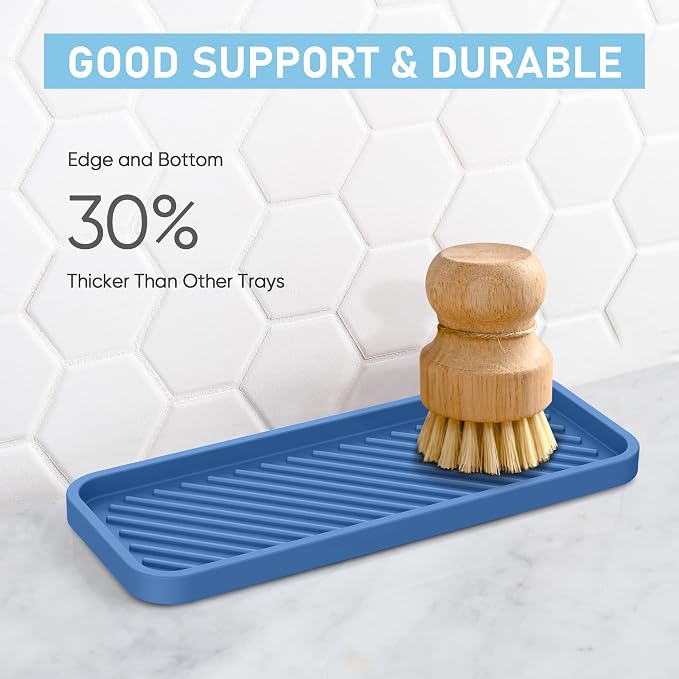 Kitchen Silicone Sink Organizer Tray, Sponge Holder for Sink Caddy（Blue） | Silicone Soap/Sink/Drip Tray, Kitchen Sink Organizer, Small Mats for Counter, Soap Dish Tray, Dishwashing Accessories