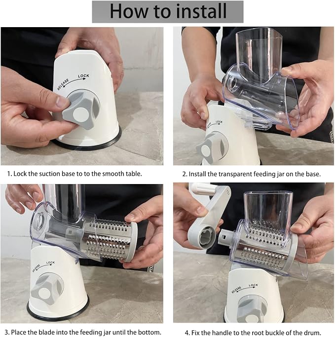 Handheld Rotary Cheese Grater Shredder- 3 Interchangeable Stainless Steel Drum Blades Manual Round Mandolin Vegetable Slicer Nut Grinder with Upgraded Strong Suction Base & Free Sharp Peeler, White