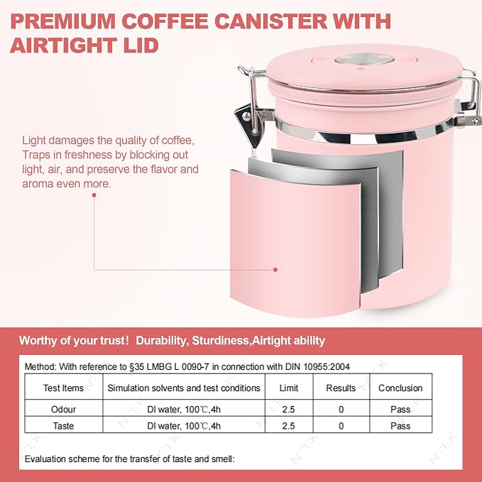 ShanSon Coffee Canister Airtight, Stainless Steel Bean Storage Container with Date Tracker & Scoop, Grounds Sugar Flour Tea Cereal Fits Kitchen Pantry, Ideal Gift for Coffee Lovers,12oz, Pink