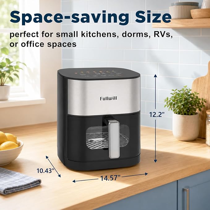 Fullwill 6QT Air Fryer, Viewing Window, Dual Heating, 2 Silicone Liners | 1700W Power; Touch Presets + DIY Mode; 392°F Max Heat; PFOA-Free Nonstick Basket; Dishwasher-Safe Parts