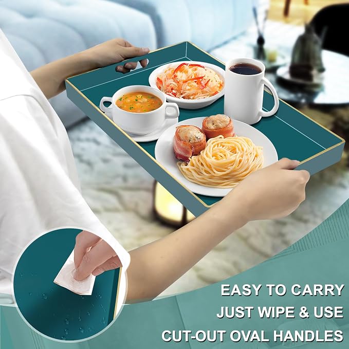 Teal Decorative Tray for Coffee Table, Serving Tray with Handles | Plastic Melamine Tray, Modern Ottoman Tray, Rectangular Countertop Organizer Tray for Living Room, 15.8"L x 10.2"W x 1.4"H