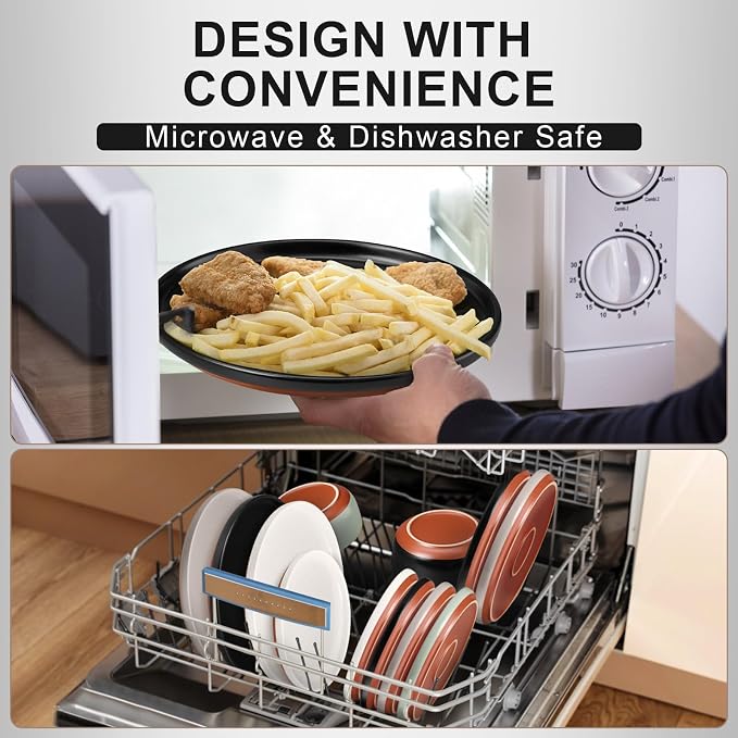 E-far 6-Piece Stoneware Plates and Bowls Sets, Dinnerware Sets for 2, Ceramic Dishware Dishes Set with Terracotta Base, Chip & Scratch Resistant, Microwave & Dishwasher Safe, Matte Black