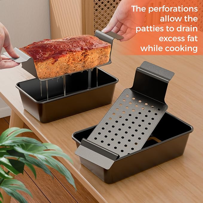 TLAZZ 2 Pack Meatloaf Pan with Drain Tray for Pound Cake Bacon Meatloaf | 9.4 x 5.5 Inch Non Stick Meat Loaf Pan features wide handles with a removable perforated drain tray for any kitchen