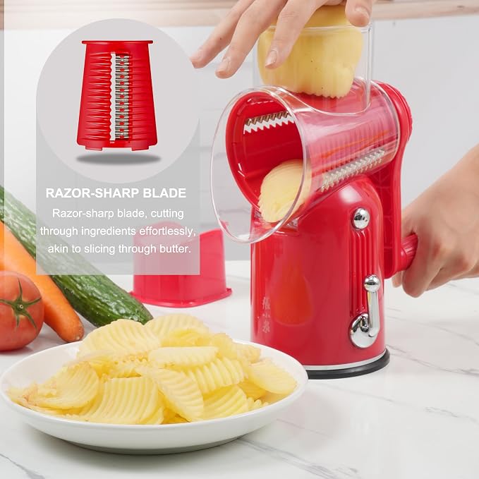 Rotary Cheese Grater Manual Hand Crank with 5 Blades & Suction Base, Kitchen Vegetable Shredder Slicer for Veggie, Nuts, Fruit, Red