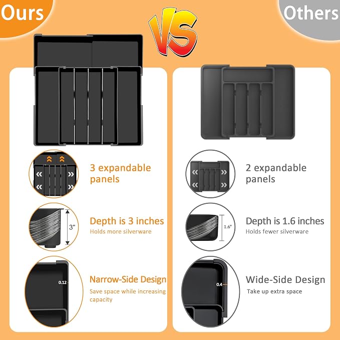 Silverware Organizer - Expandable Kitchen Drawer Organizer, 3" High Utensil Holder, BPA Free Flatware and Cutlery Tray for Spoons Forks Knives, Plastic Kitchen Organizer and Storage, Black