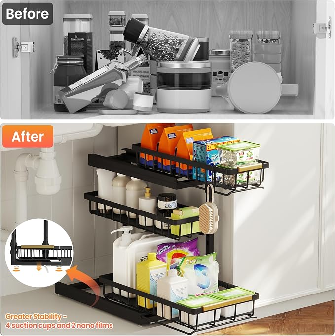Under Sink Organizer and Storage for Bathroom and Kitchen - 2 Pack 3 Tier | Under Cabinet Pull Out Shelf Organizers - Slide Out Drawer Organization for Home Cabinets Shelves and Drawers