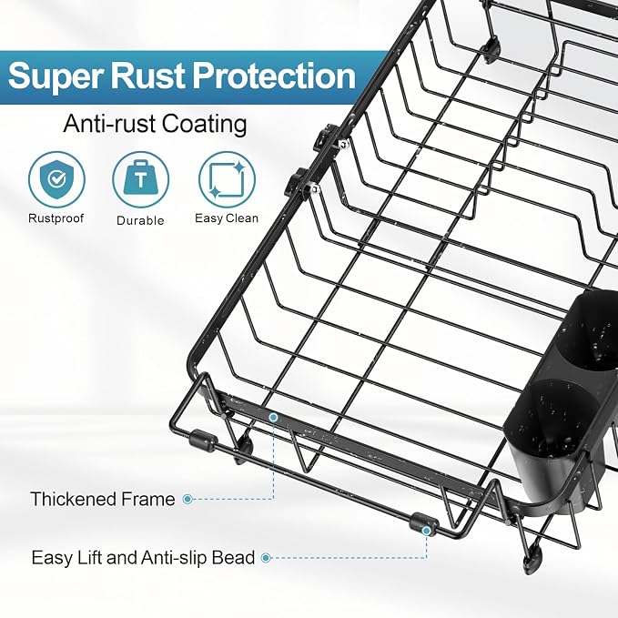 Dish Drying Rack Over the Sink - Expandable Rust-Resistant Drainer | Twist-Lock Adjustment, Removable Utensil Holder, Handles with Non-Slip Beads, Space-Saving for Kitchen Apartment, RV