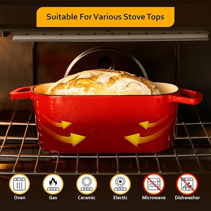 Velaze 3.6 QT Oval Cast Iron Dutch Oven for Bread Baking, Offset Handles | Bread Pan with Lid for Sourdough Sandwich,Small Households Baking,Gift for Bread Bakers,Deep Base,Oven Safe,Red