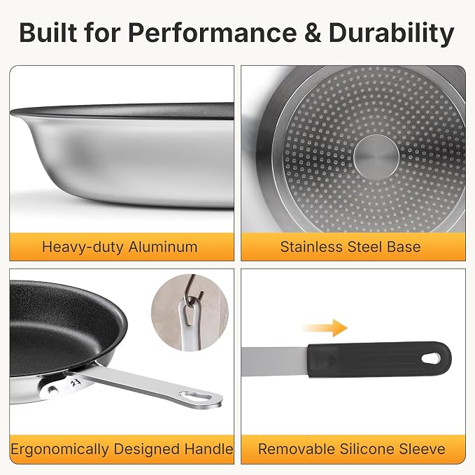 NEWBULIG Nonstick Frying Pan, 8 Inch Heavy-Gauge Aluminum Skillet with Ceramic Nonstick Coating & Stainless Steel Base for Induction, Electric, Gas, Oven Safe, Black Hanging Handle | Aluminum body even heating, steel handle silicone grip, oven safe 392...