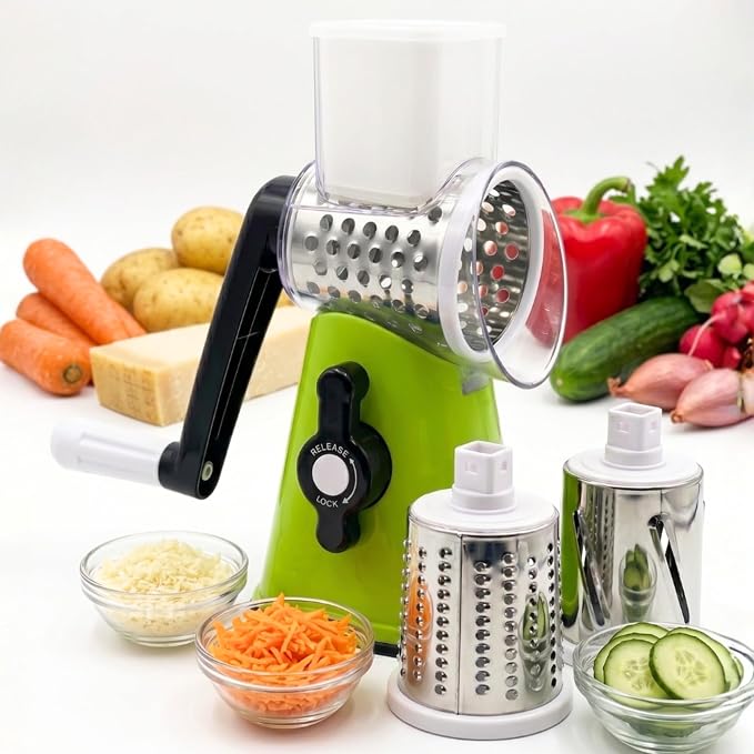 ICO Rotary Cheese Grater with Handle – Manual Vegetable Slicer & Round Shredder – 3 Interchangeable Stainless Steel Blades for Cheese, Nuts, Chocolate – Strong Suction Base Kitchen Mandoline